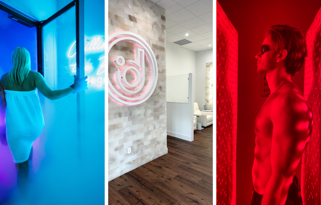 Collage of Degree Wellness services, including Cryotherapy, our Halotherapy salt wall when you walk into our lobby, and Red Light Therapy